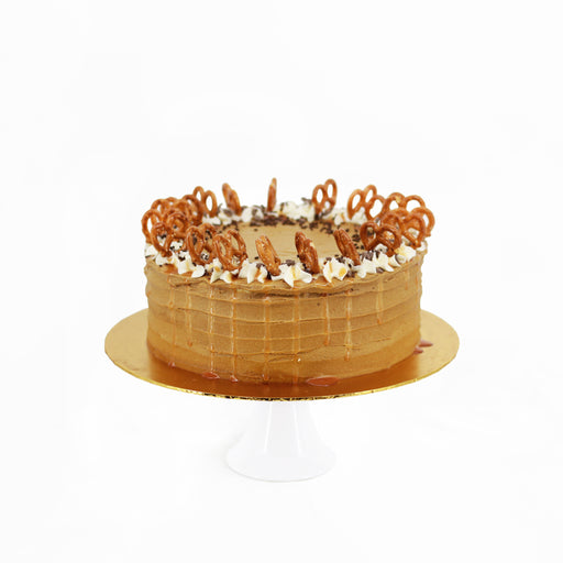 Salted caramel cappuccino cake with pretzels