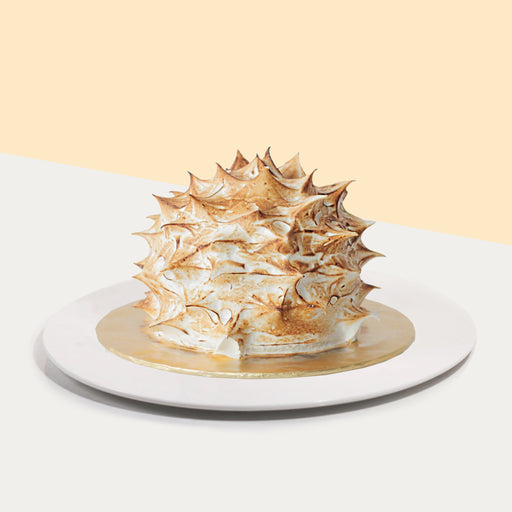 Ice cream cake with durian and Valrhona chocolate, covered in slightly torched meringue