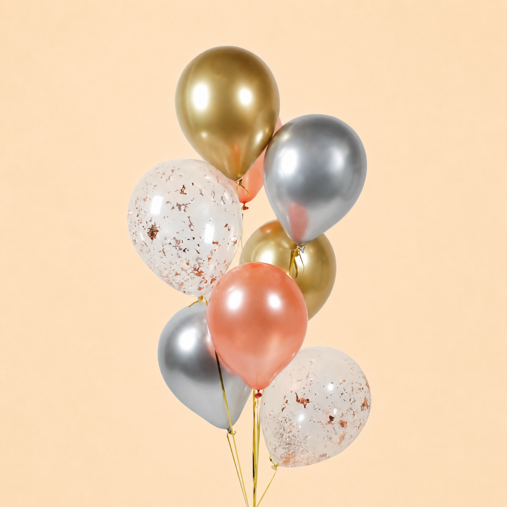 8 Keping Belon Rose Gold, Metallic Gold, Metallic Silver dan Confetti Helium