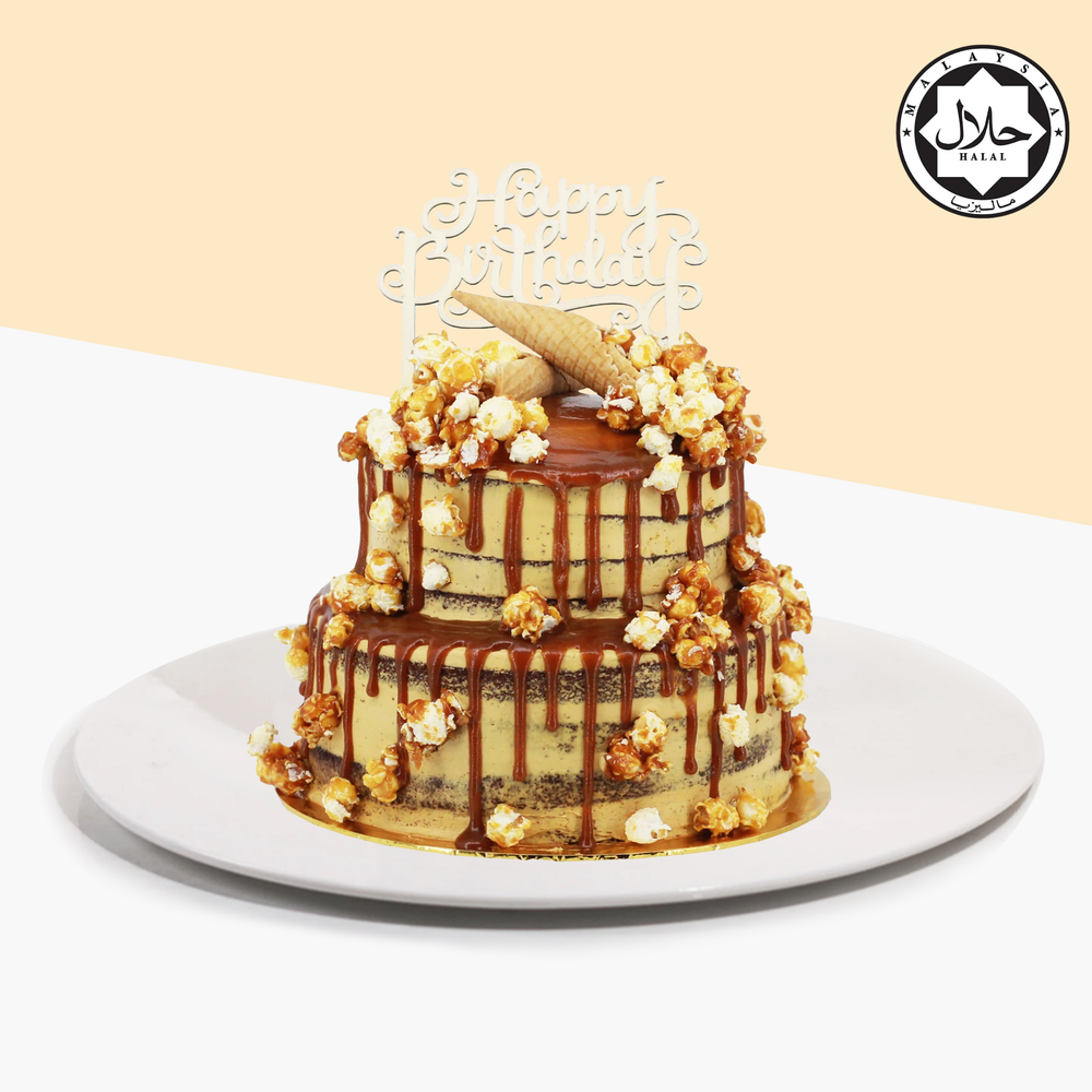 Two Tier Salted Caramel Chocolate Popcorn Cake