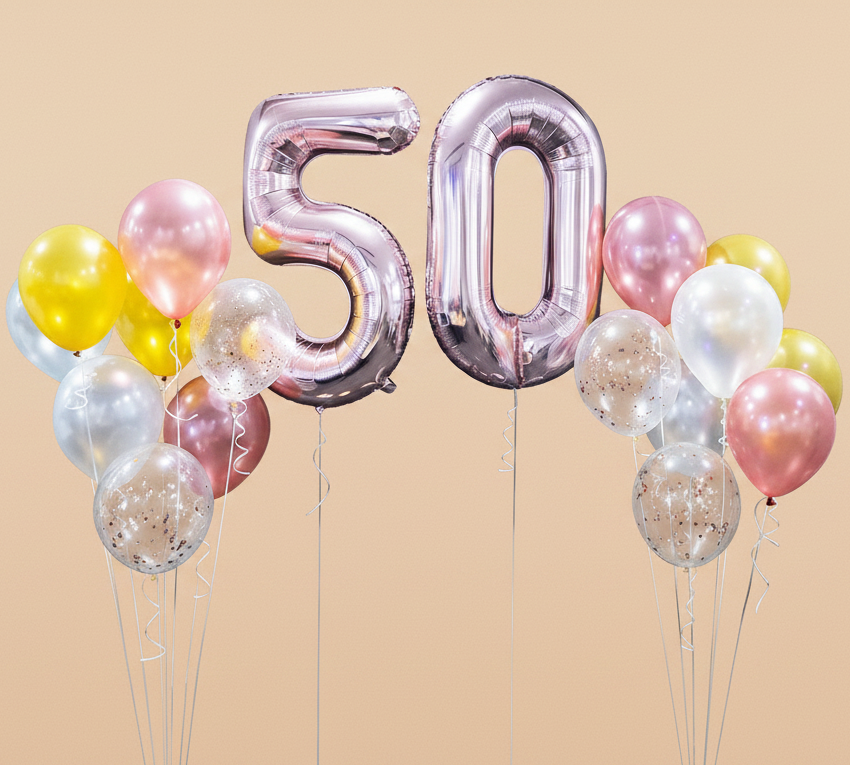 Belon helium logam &amp; confetti + balon jantung foil 8 keping