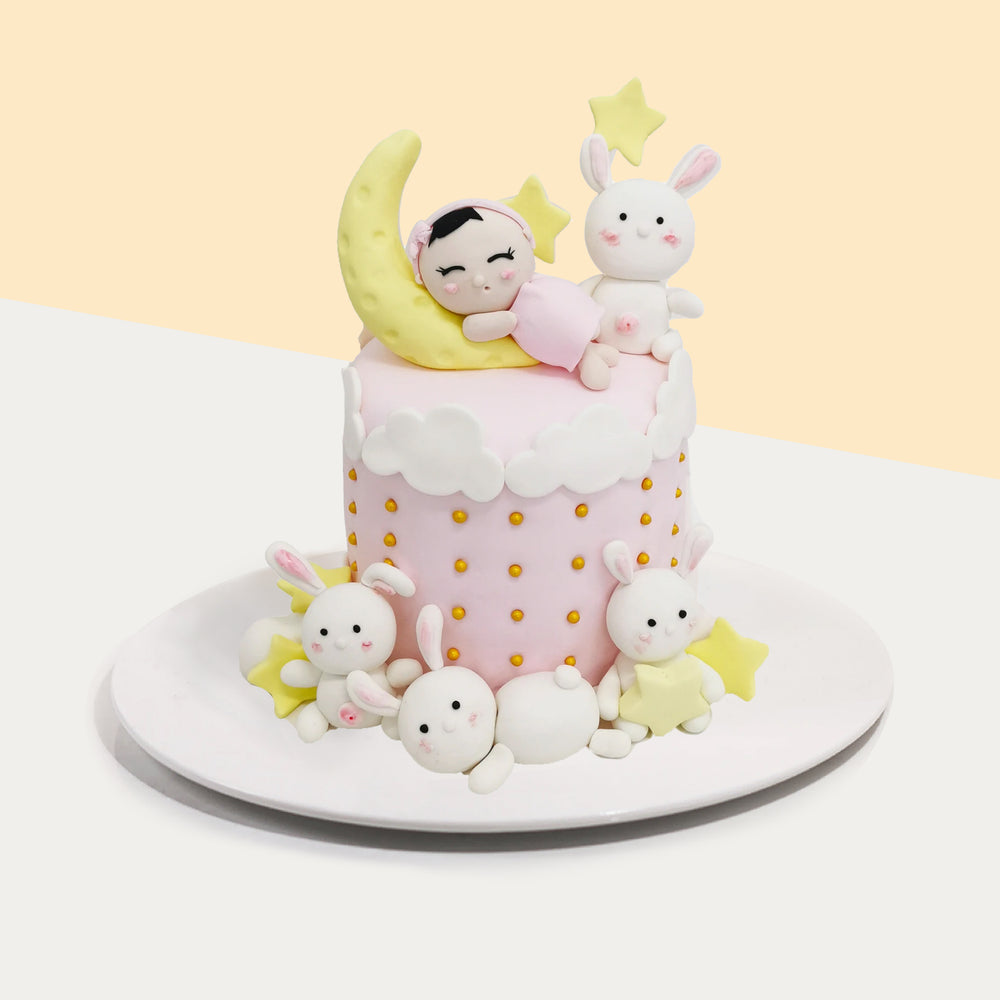 Baby girl full moon cake, with fondant bunnies, moon and stars