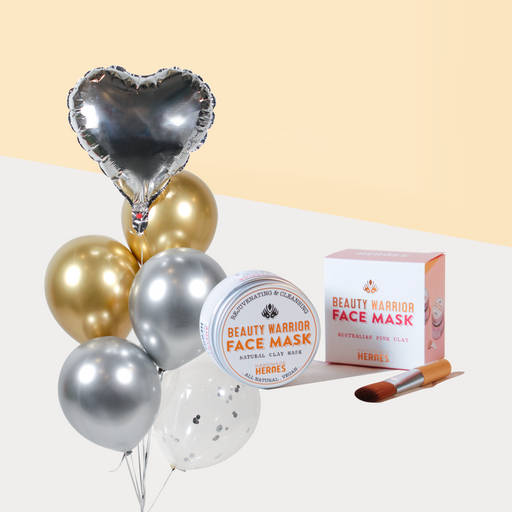 Silver themed balloons with Handmade Heroes Beauty Warrior Face Mask