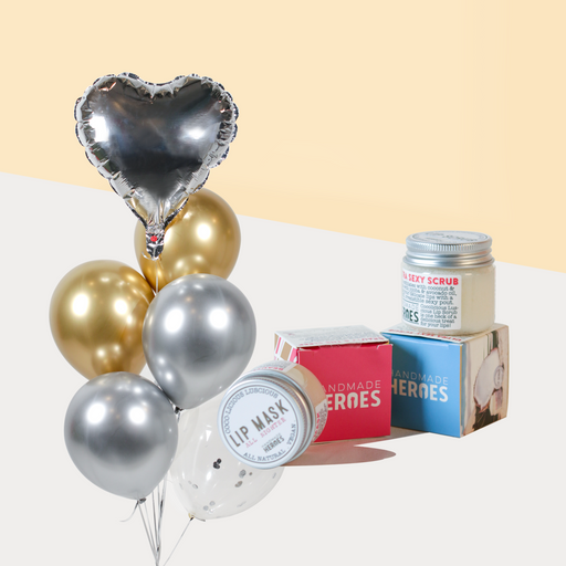 Silver themed balloons with Handmade Heroes Lip Mask 