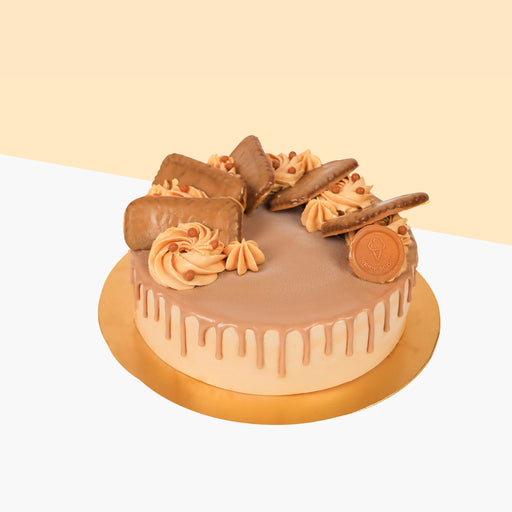 Lotus Biscoff ice cream cake, topped with Lotus Biscoff biscuits