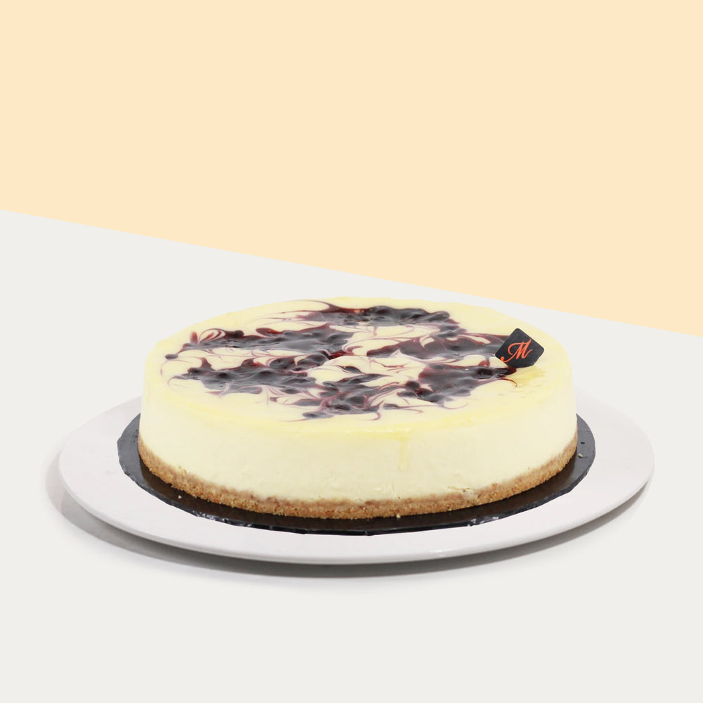 Classic baked blueberry cheesecake, with a biscuit base