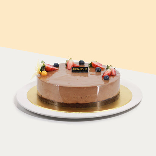 Chocolate mousse cake, topped with fresh fruits
