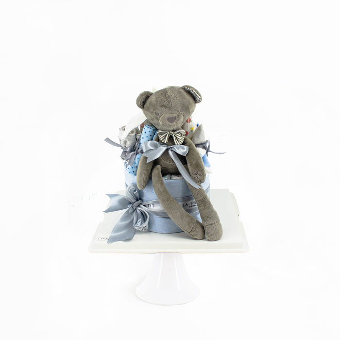 Baby blue diaper cake, with a grey bear plushie