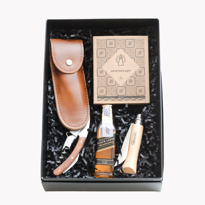 Gentleman gift box for him, with a waiter's corkscrew, solid cologne, foldable knife, Johnny Walker whisky and a genuine leather pouch