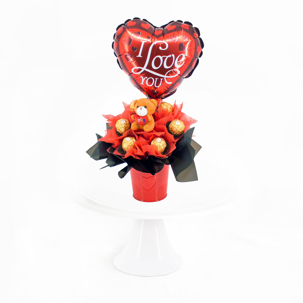 Ferrero Rocher bouquet with a teddy bear and red foil balloon