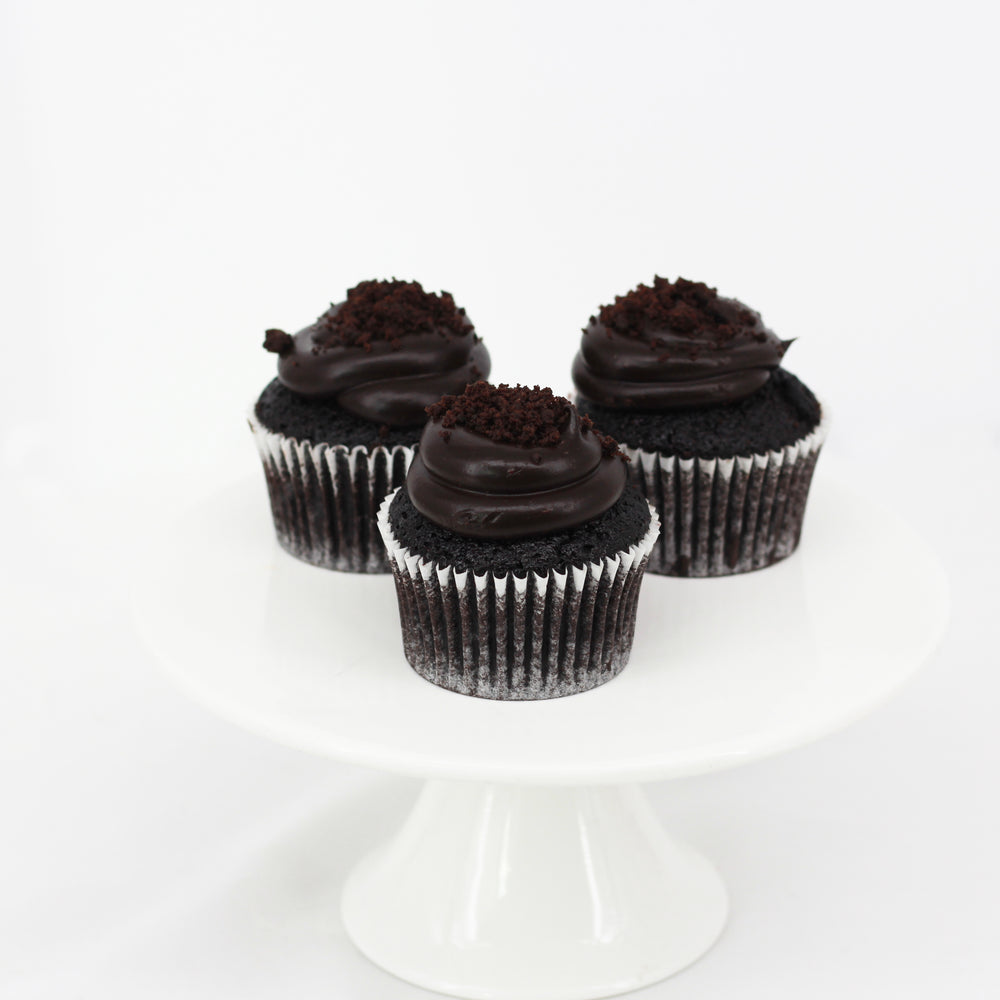 Chocolate sponge cupcakes topped with chocolate pastry cream and chocolate shavings 