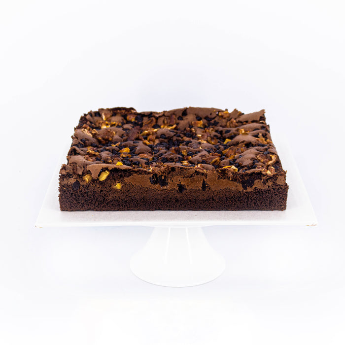 Chocolate brownies, with chocolate chips and walnuts