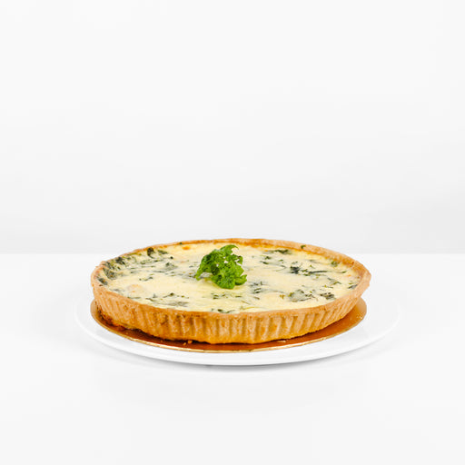 Cheesy egg custard quiche with chicken pieces and spinach
