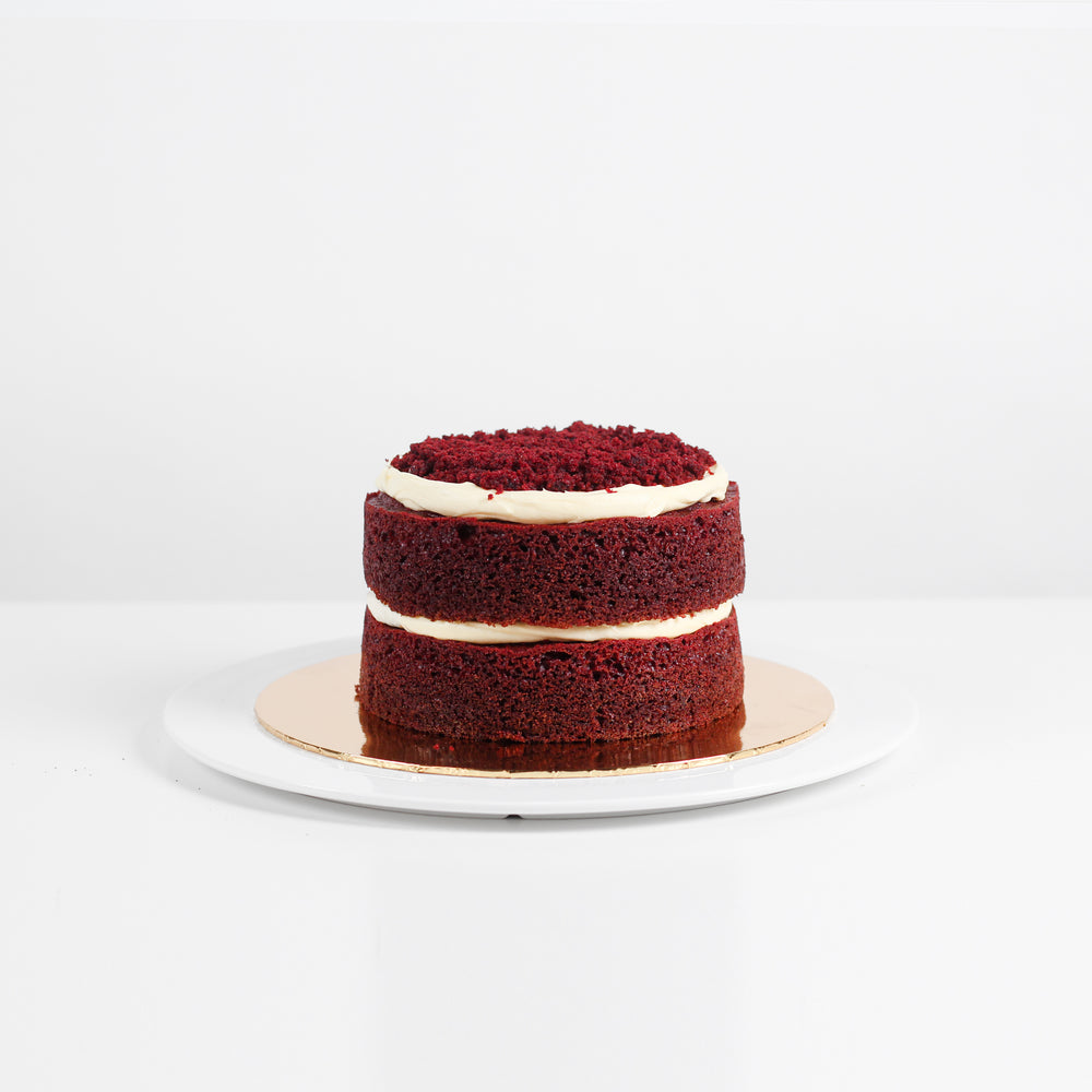 Cocoa buttermilk red velvet cake, sandwiched with cream cheese
