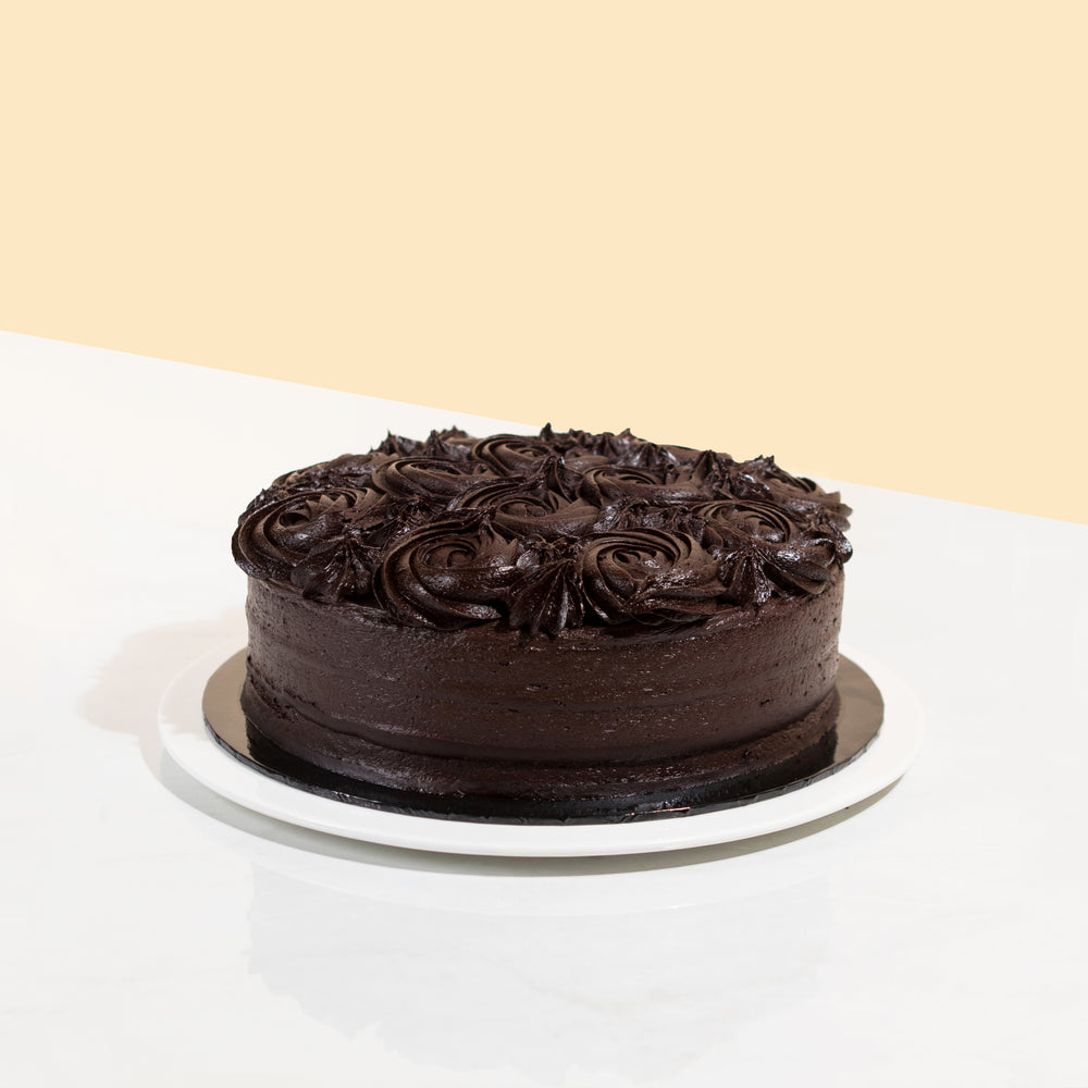 Chocolate cake coated head to toe with smooth chocolate cream, decorated with chocolate swirls