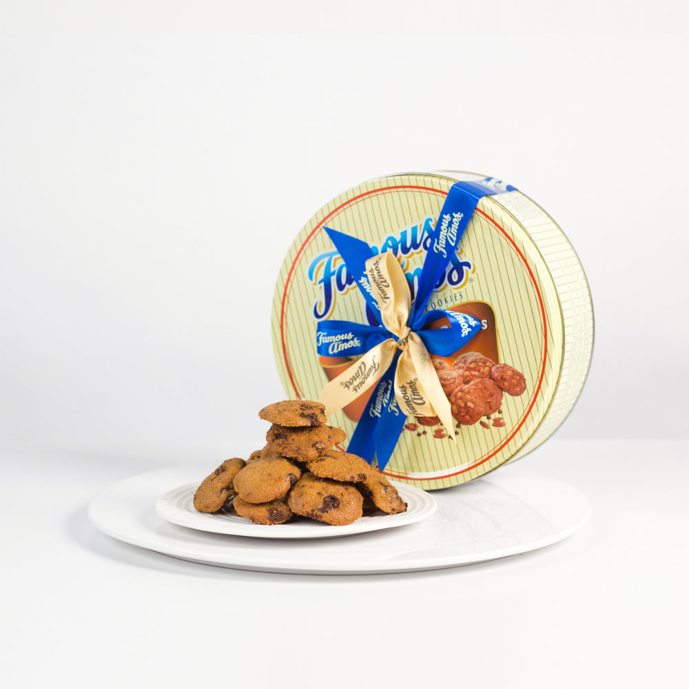 380g Famous Amos cookies with a round reusable tin