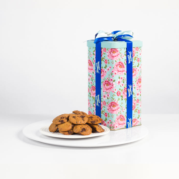 340g Famous Amos cookies with a La Rosa Green reusable tin with blue ribbon