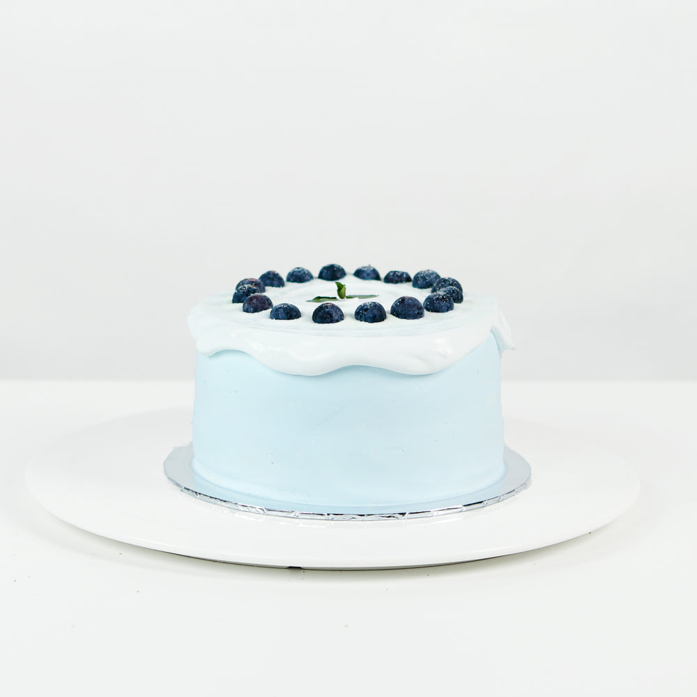 Blueberry chiffon cake topped with cream and blueberries