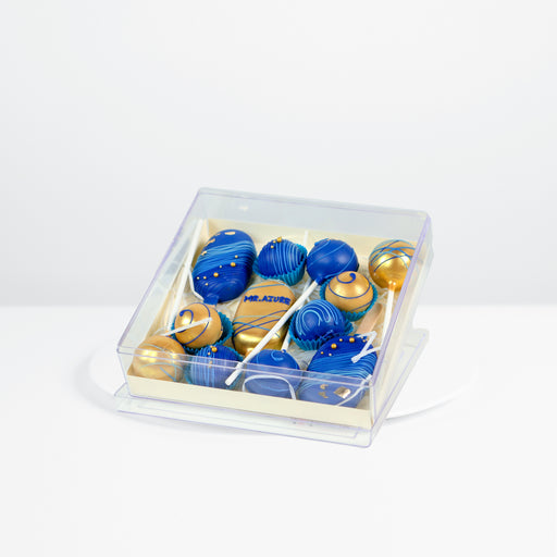Cakesicles, cake pops and cake balls in Azure blue and gold