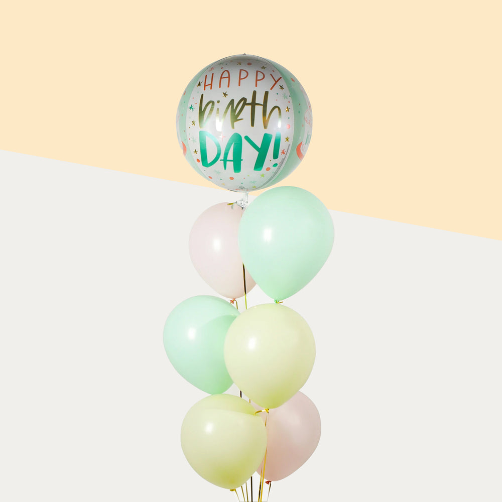 Orbz metallic Happy Birthday balloon, with pastel pink, pastel green and pastel yellow balloons