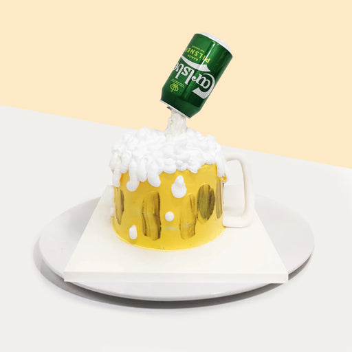 Floating beer can cake, with white and yellow cream to resemble beer