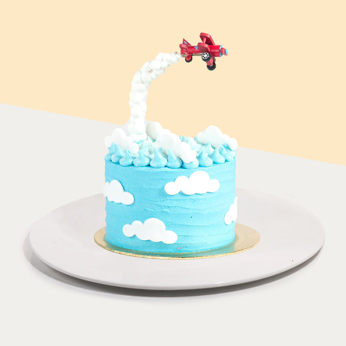 Cake with aeroplane flying through the clouds