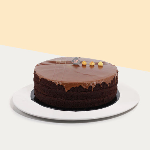 Chocolate sponge cake, glazed with a layer of hazelnut chocolate