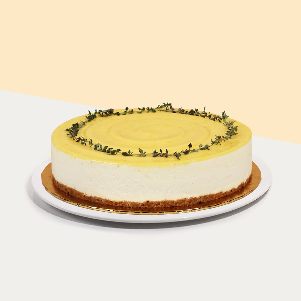Lemon yogurt cheese cake, topped with thyme