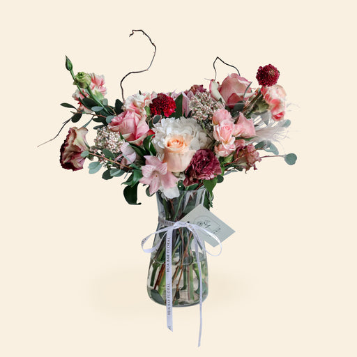 Flower vase with Vintage Roses, Brown Eustomas, Alstromelias, Rice Flowers, Carnations and foliages