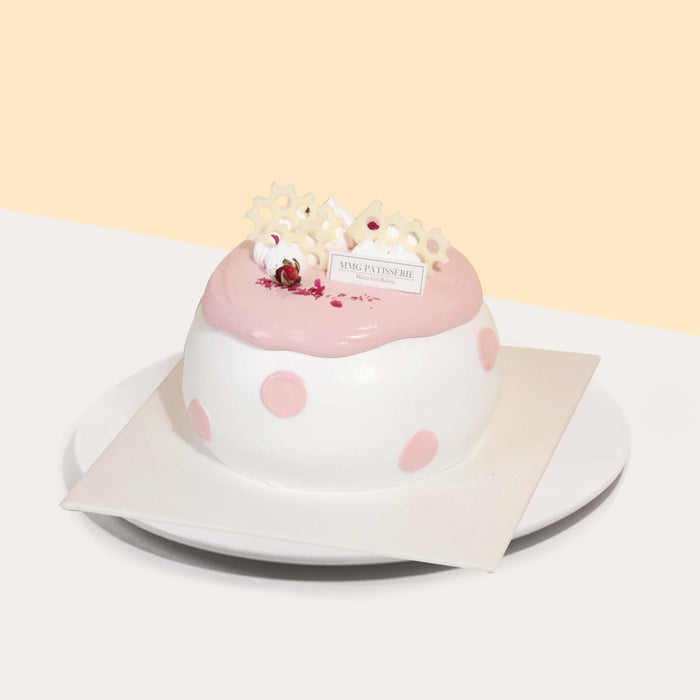 Rose lychee cake with rose sponge cake, topped with lychee cream