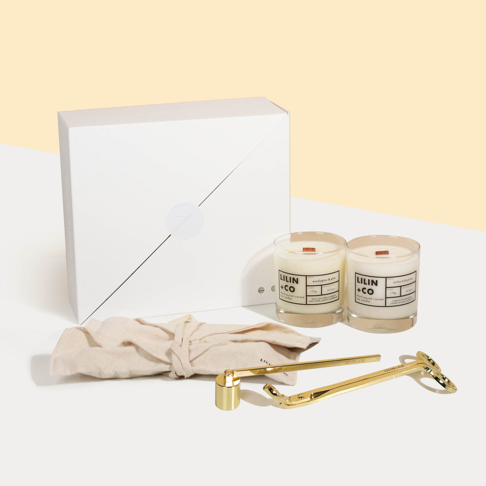 Lilin+Co premium gift box with 2 scented candles, and a wick trimmer and snuffer
