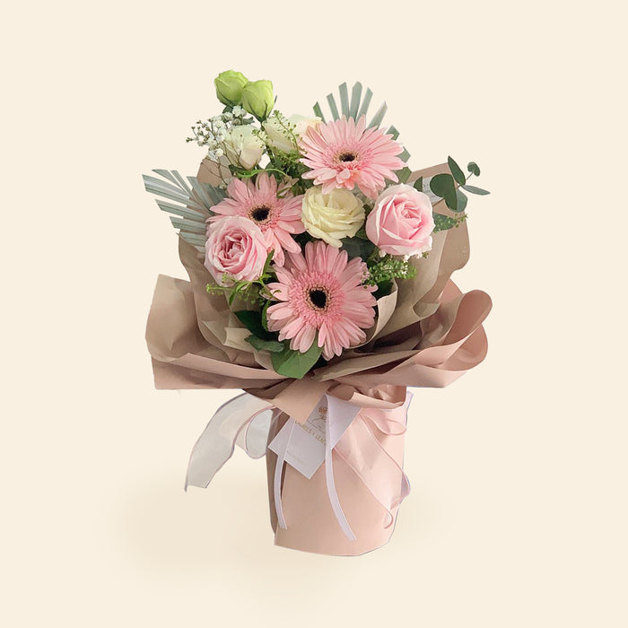 Flower bouquet with Gerbera (also known as Daisy), Avalanche Pink Rose, White Eustoma, Baby Breath