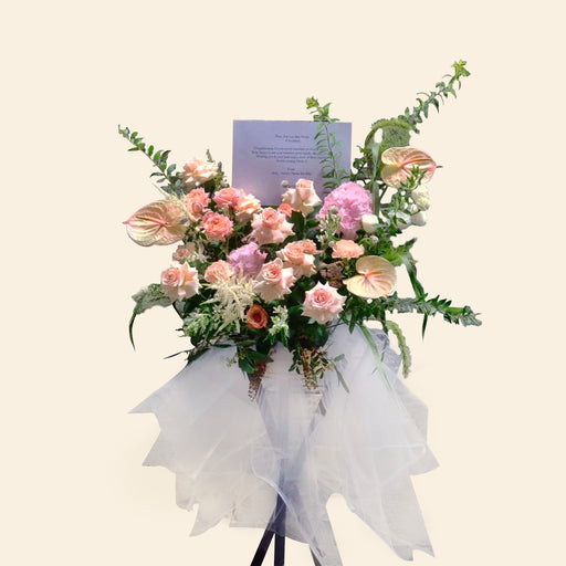 Congratulatory flower stand with Roses, Anthurium, Carnation, Hydrangea, Astilbe, Eustoma