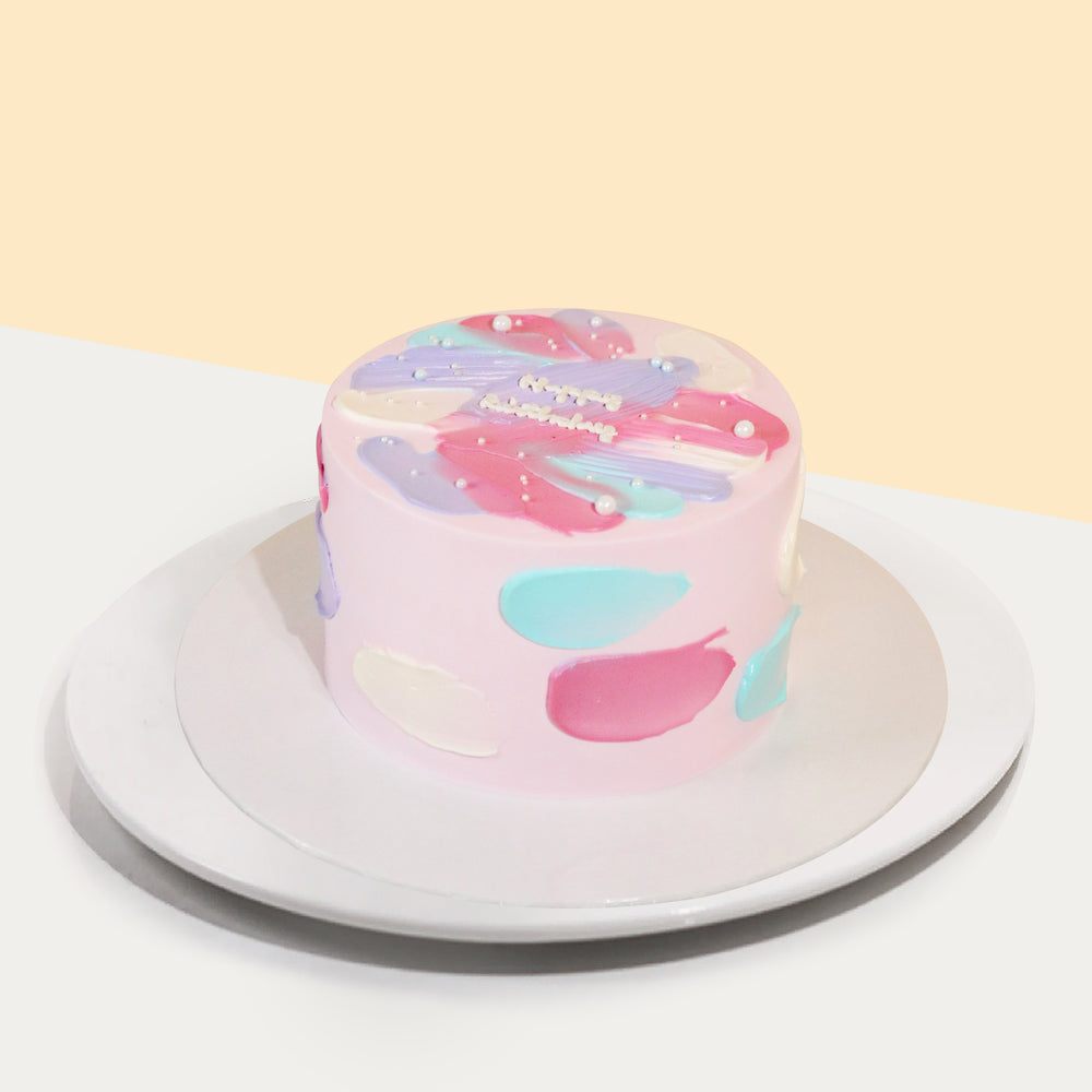 Pink Korean ins cake with pastel blue, pink, purple and cream swipes design