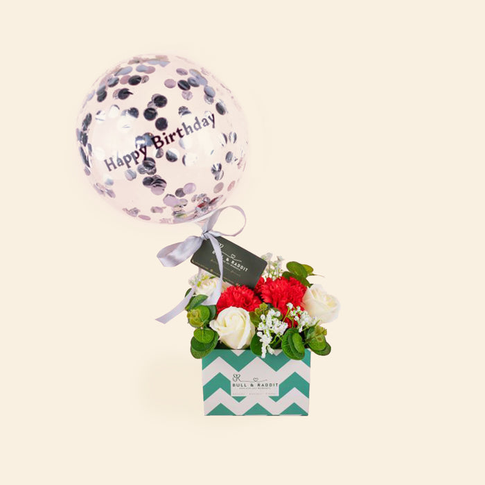 Soap flower box with soap carnation, roses with a bubble balloon with confetti