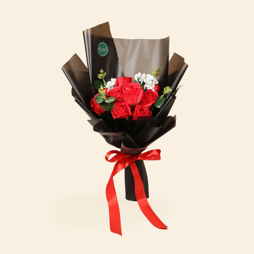 Rose flower soap bouquet with black wrapping paper