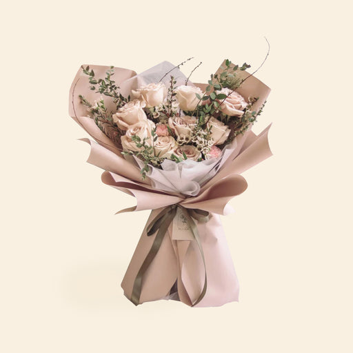 Nude flower bouquet with Kenya Quicksand Roses, Carnations, Wax flowers