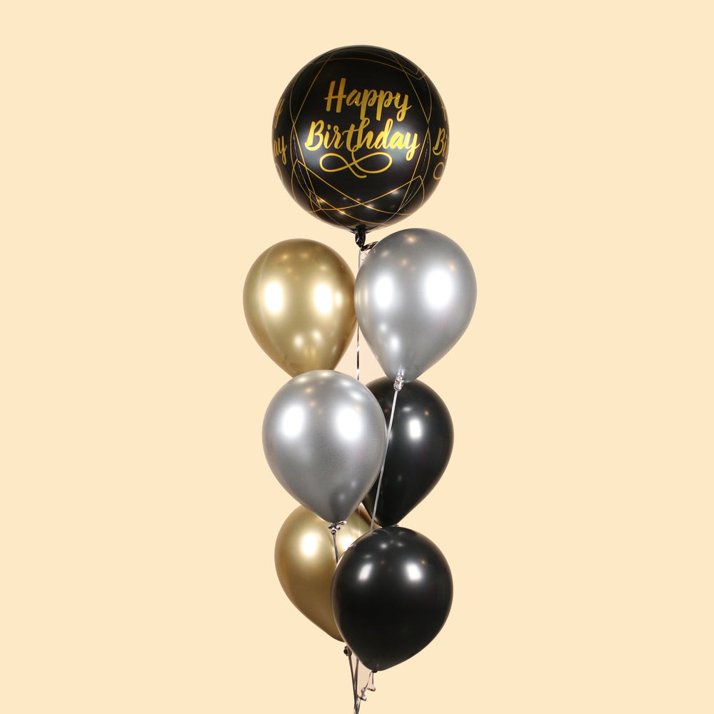 Orbz Classy Happy Birthday balloon, with metallic silver, gold and black balloons