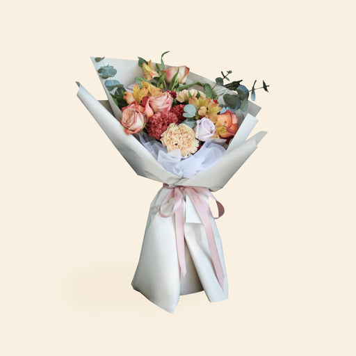 Flower bouquet with Premium Kenya Cappuccino Rose, Lilac Rose, Coffee Time Rose, Carnation, Alstroemeria & Brown Ping Pong