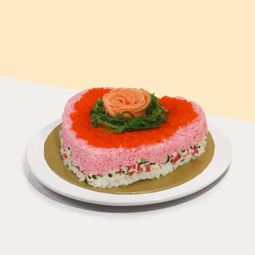 Heart shaped Norwegian salmon sushi cake with ebiko and seaweed