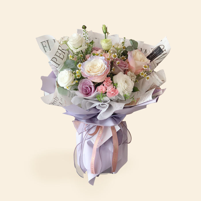 Flower bouquet with Aurora Boreal Rose, Ocean Song Rose, White Eustoma, Matricaria, Pink Spray Rose