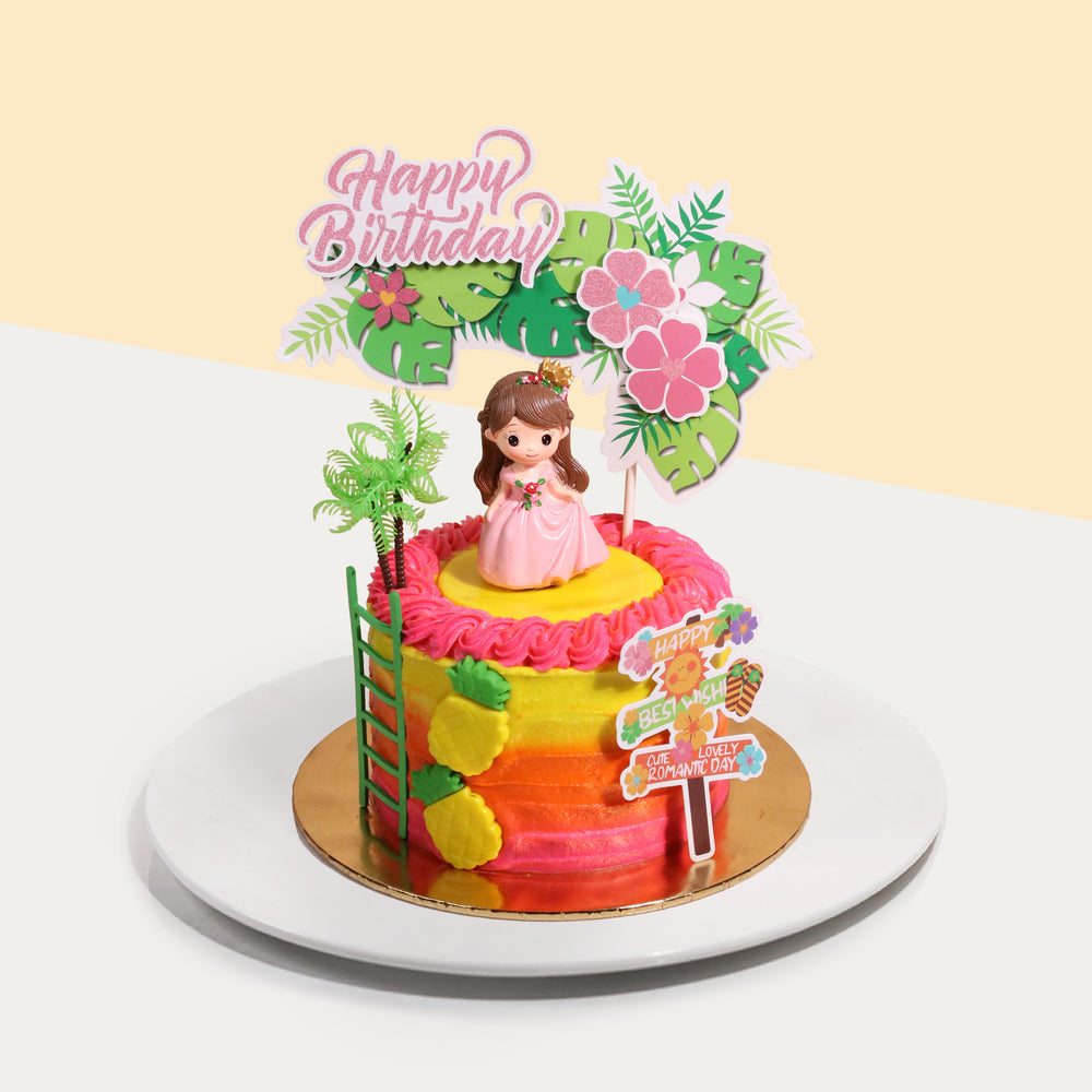 Hawaiian birthday themed cake with colorful buttercream
