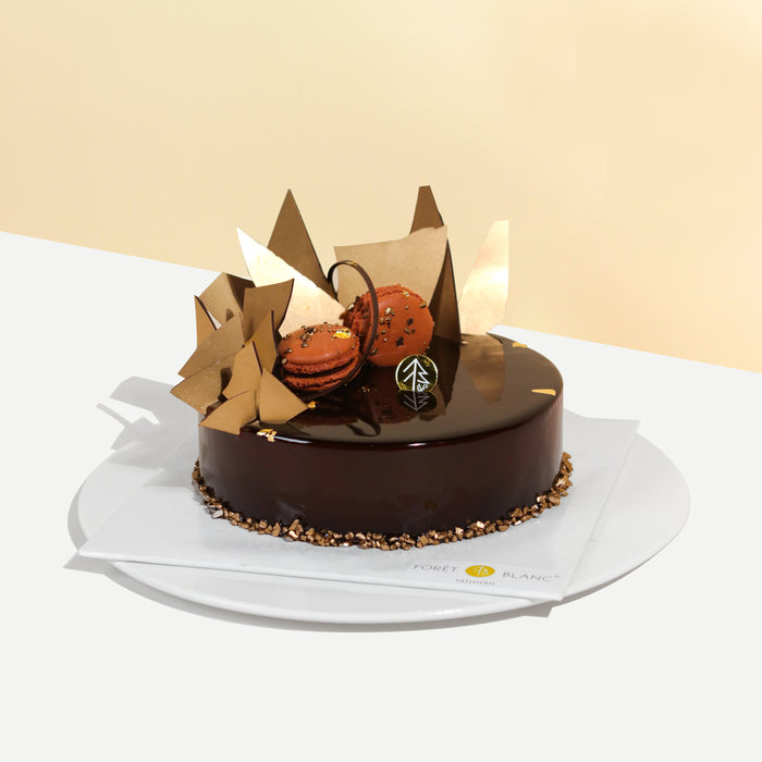 Dark chocolate mousse cake with chocolate sponge and hazelnut feulletine base