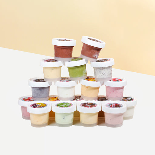 Eighteen mini ice cream cups with 14 different flavours
