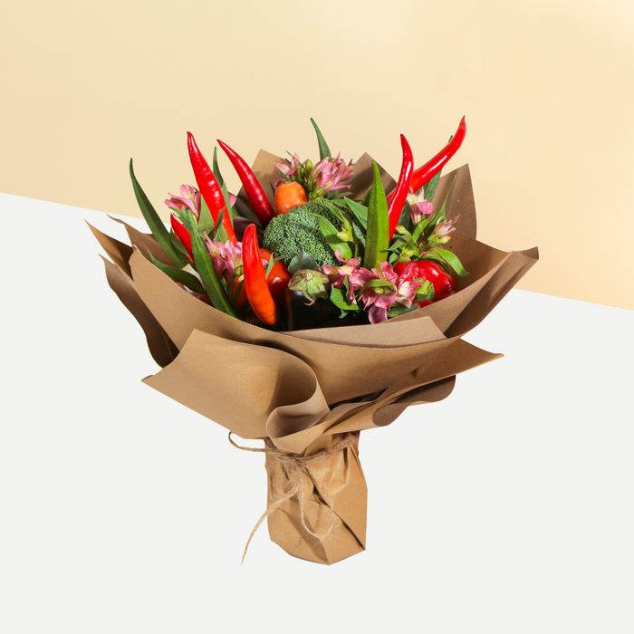 Vegetable bouquet with assorted vegetables and flowers