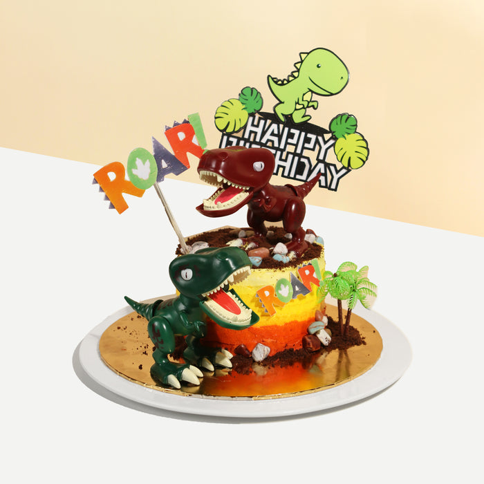 Dinosaur cake with T-Rex figurines