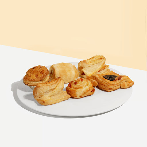 Six assorted sweet and savory pastries & danish