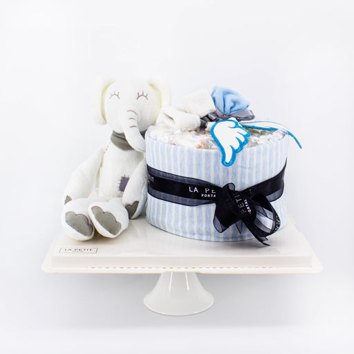 Diapercake with an elephant plushie
