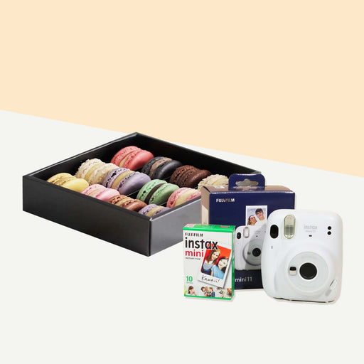 Elevete Patisserie Macaron Box of 12 with an Instax mini camera and Instax mini films