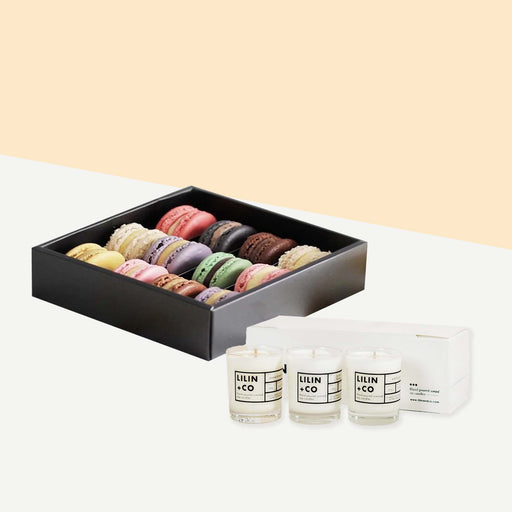 Elevete Patisserie Macaron Box of 12 with a set of scented candles of 3